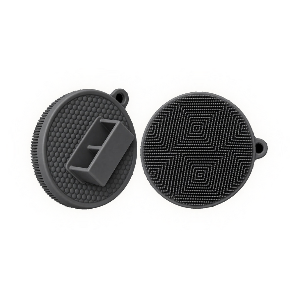 Silicone Body Scrubber in black, shown front and back