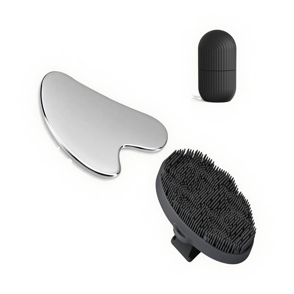 The Kit: ice roller, silicone body scrubber and steel gua sha