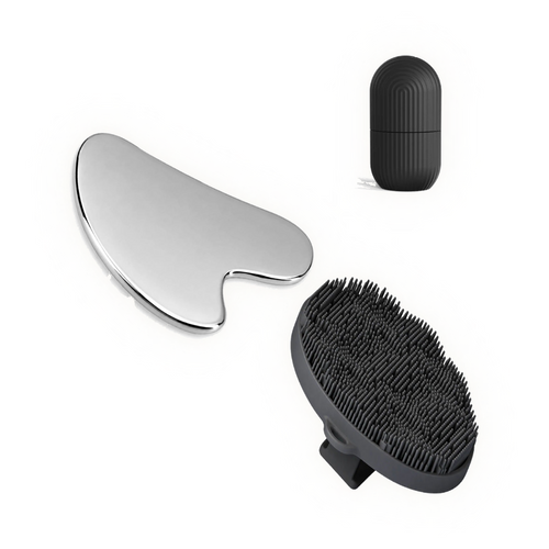 The Kit: ice roller, silicone body scrubber and steel gua sha